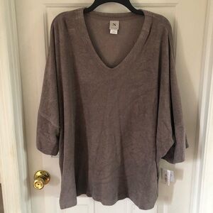 N Natori Brown Terry Lounge Top XL Boxy Roomy V Neck Cozy Pajamas Sleep Shirt